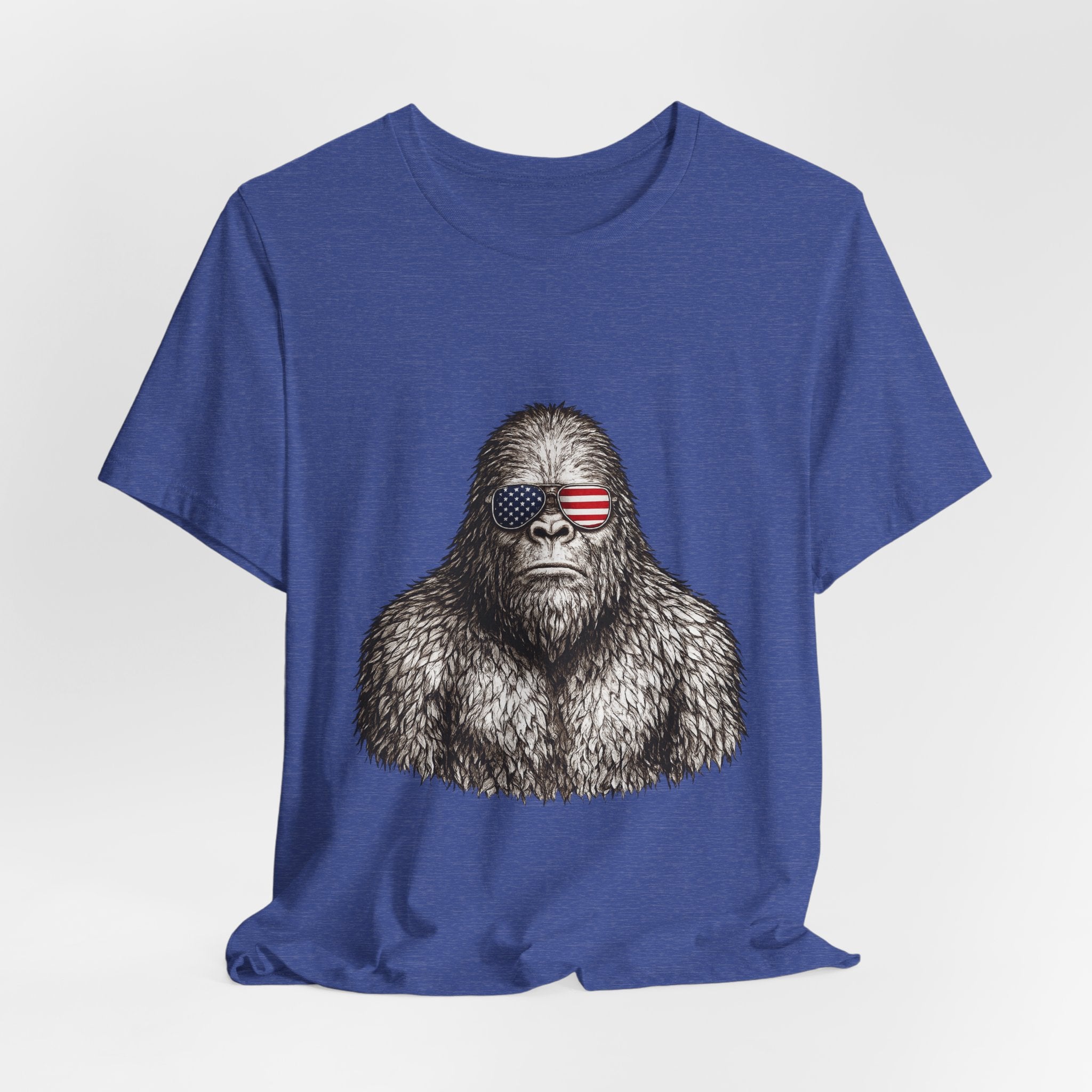 Patriotic Sasquatch Tee — Bigfoot Wearing American Flag Sunglasses