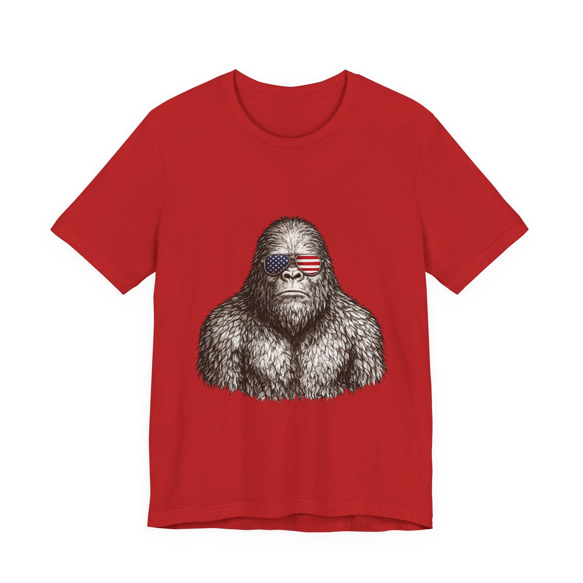 Patriotic Sasquatch Tee — Bigfoot Wearing American Flag Sunglasses