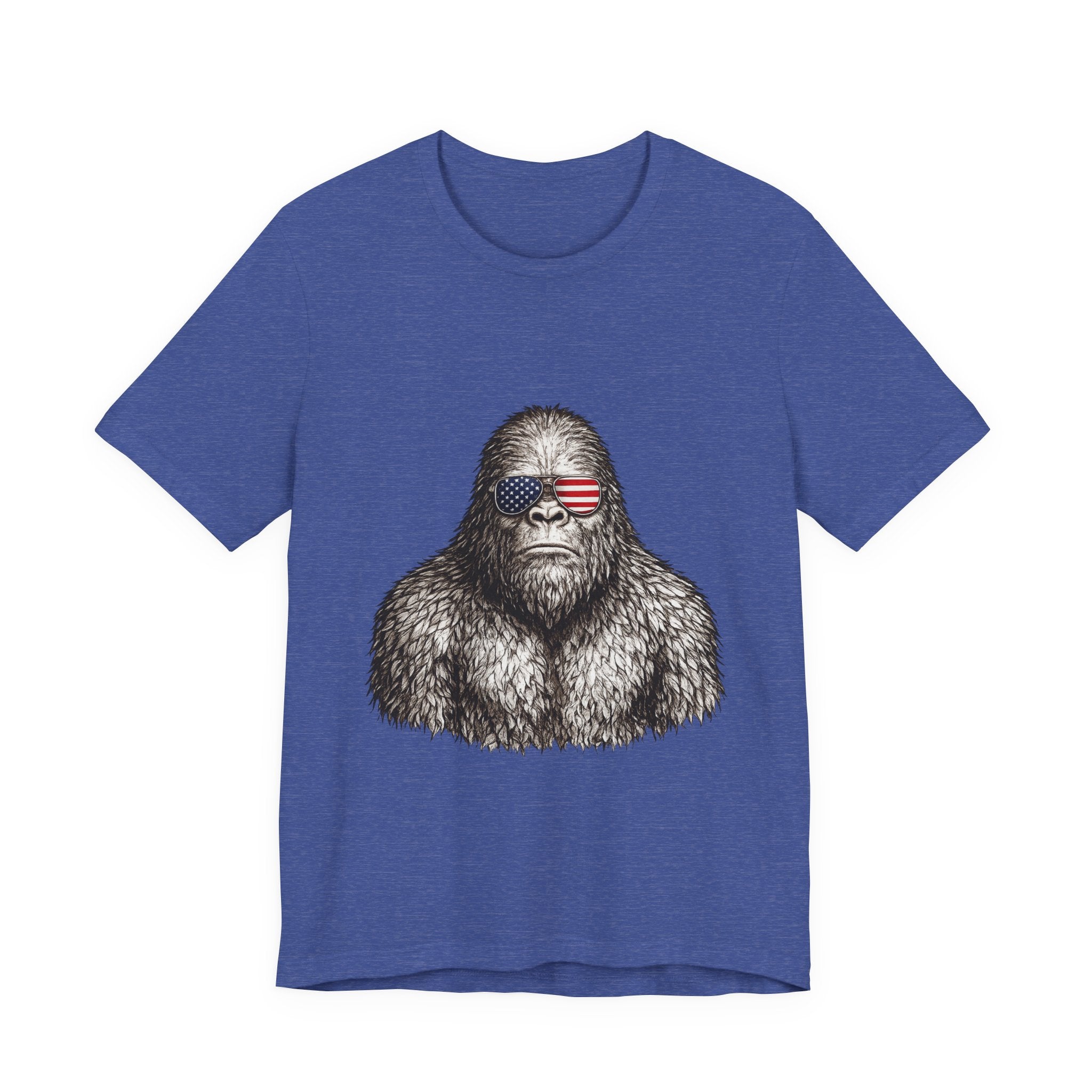 Patriotic Sasquatch Tee — Bigfoot Wearing American Flag Sunglasses