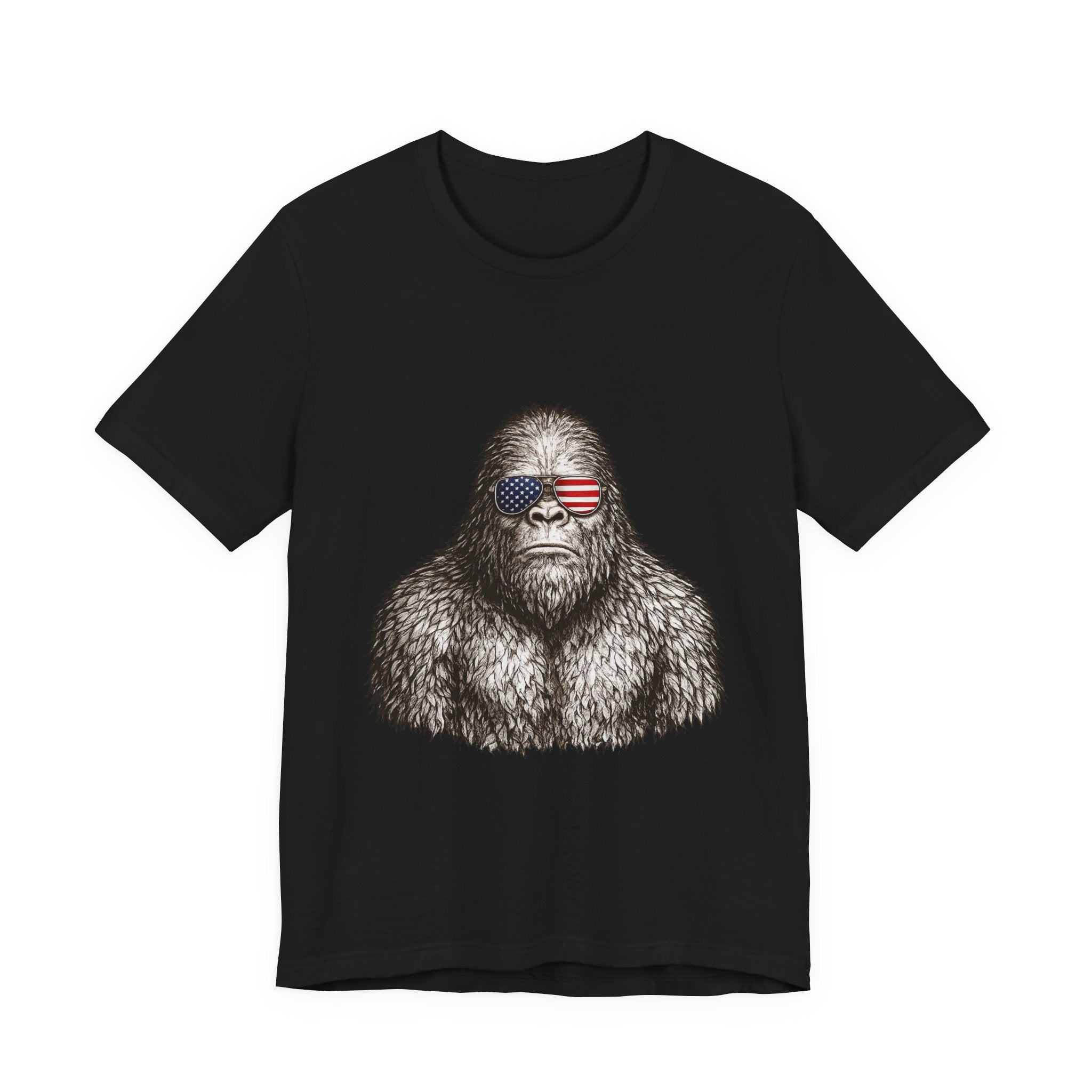 Patriotic Sasquatch Tee — Bigfoot Wearing American Flag Sunglasses