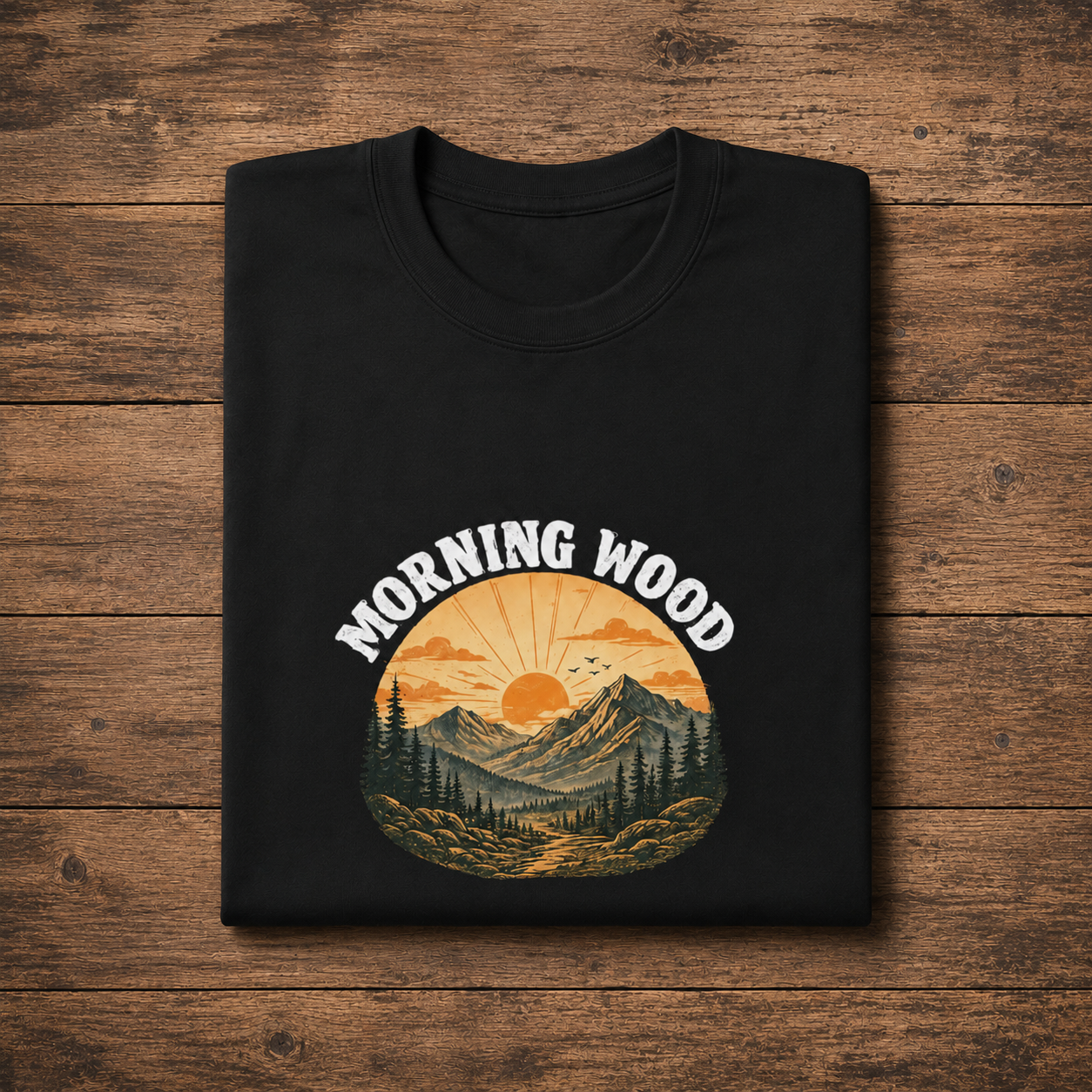 Morning Wood Tee — Vintage Mountain Sunrise Graphic T-Shirt