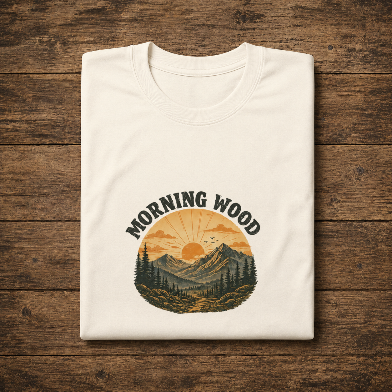 Morning Wood Tee — Vintage Mountain Sunrise Graphic T-Shirt