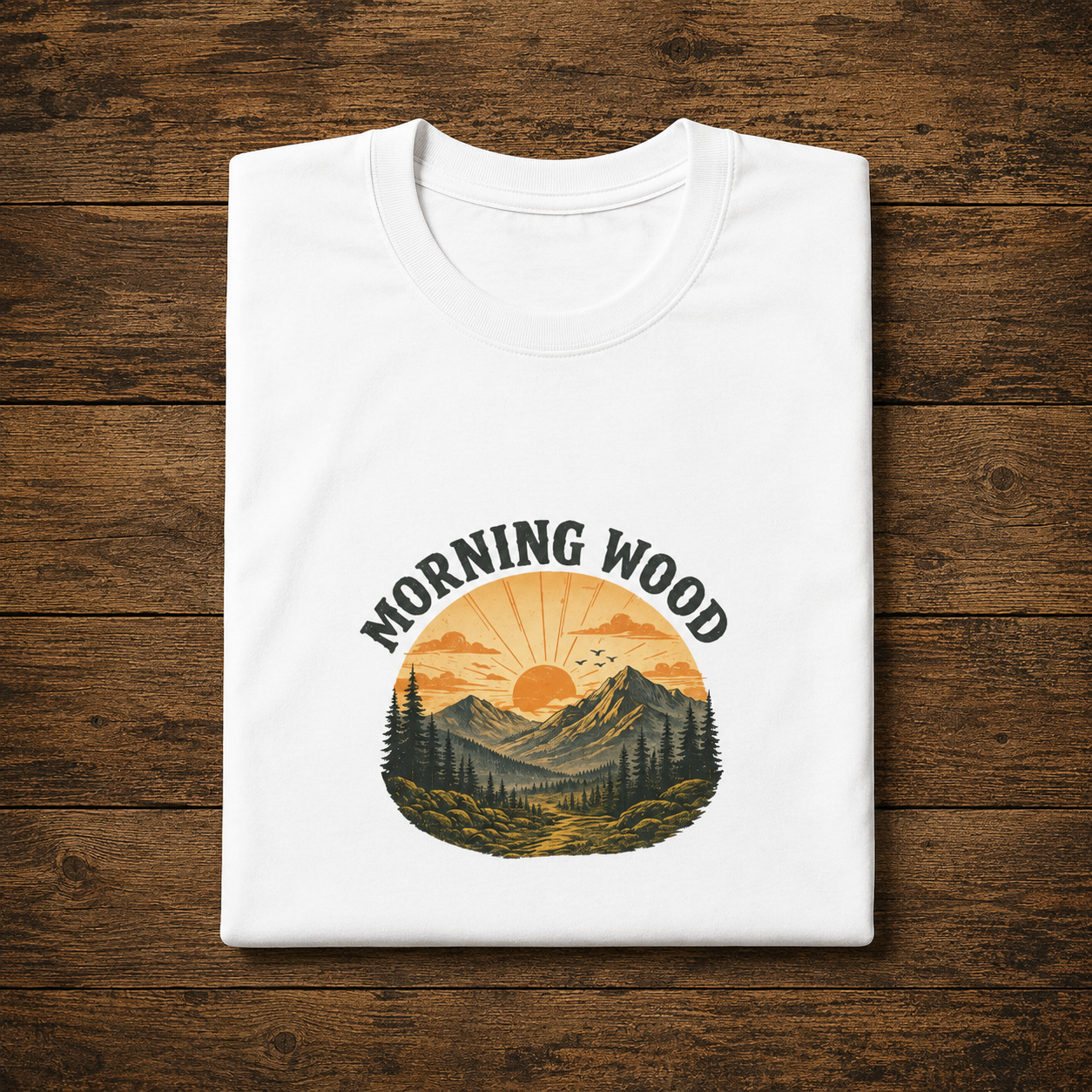 Morning Wood Tee — Vintage Mountain Sunrise Graphic T-Shirt