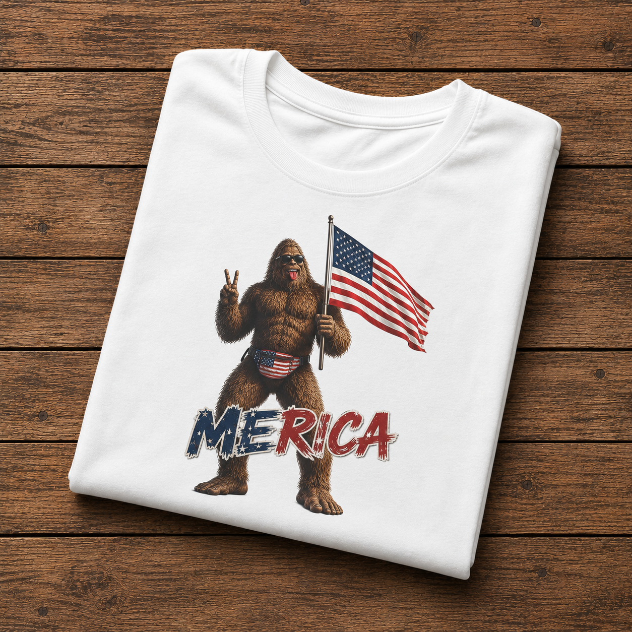 'Merica Sasquatch T-Shirt — Patriotic American Flag Bigfoot Tee for 4th of July