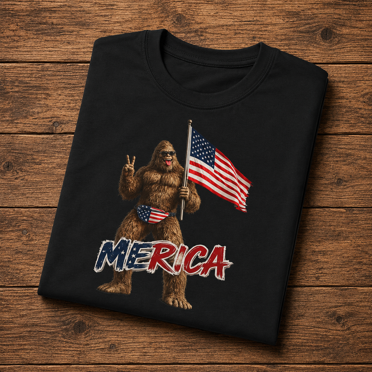 'Merica Sasquatch T-Shirt — Patriotic American Flag Bigfoot Tee for 4th of July