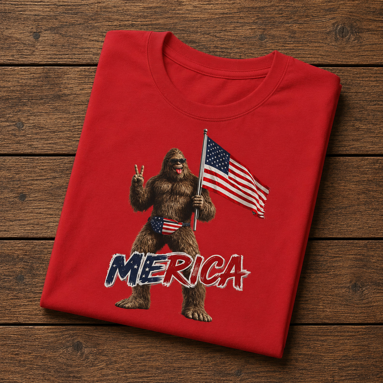 'Merica Sasquatch T-Shirt — Patriotic American Flag Bigfoot Tee for 4th of July