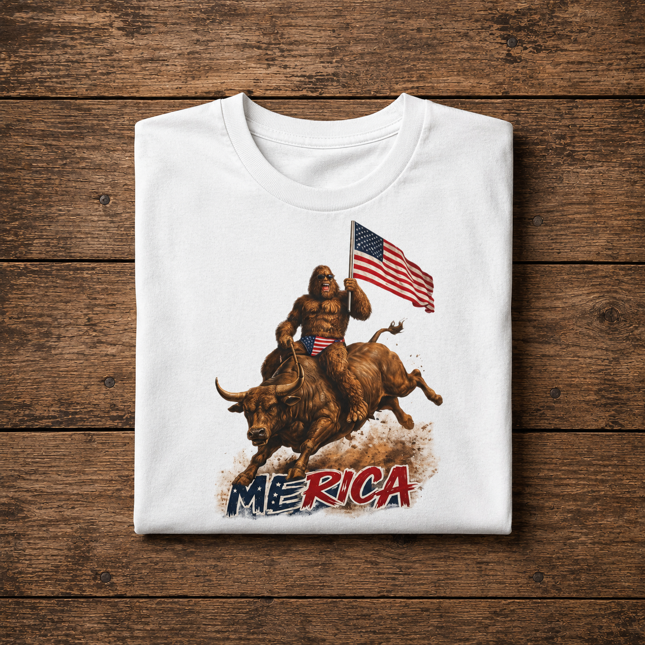 Patriotic Bigfoot Riding Bull ‘Merica Tee