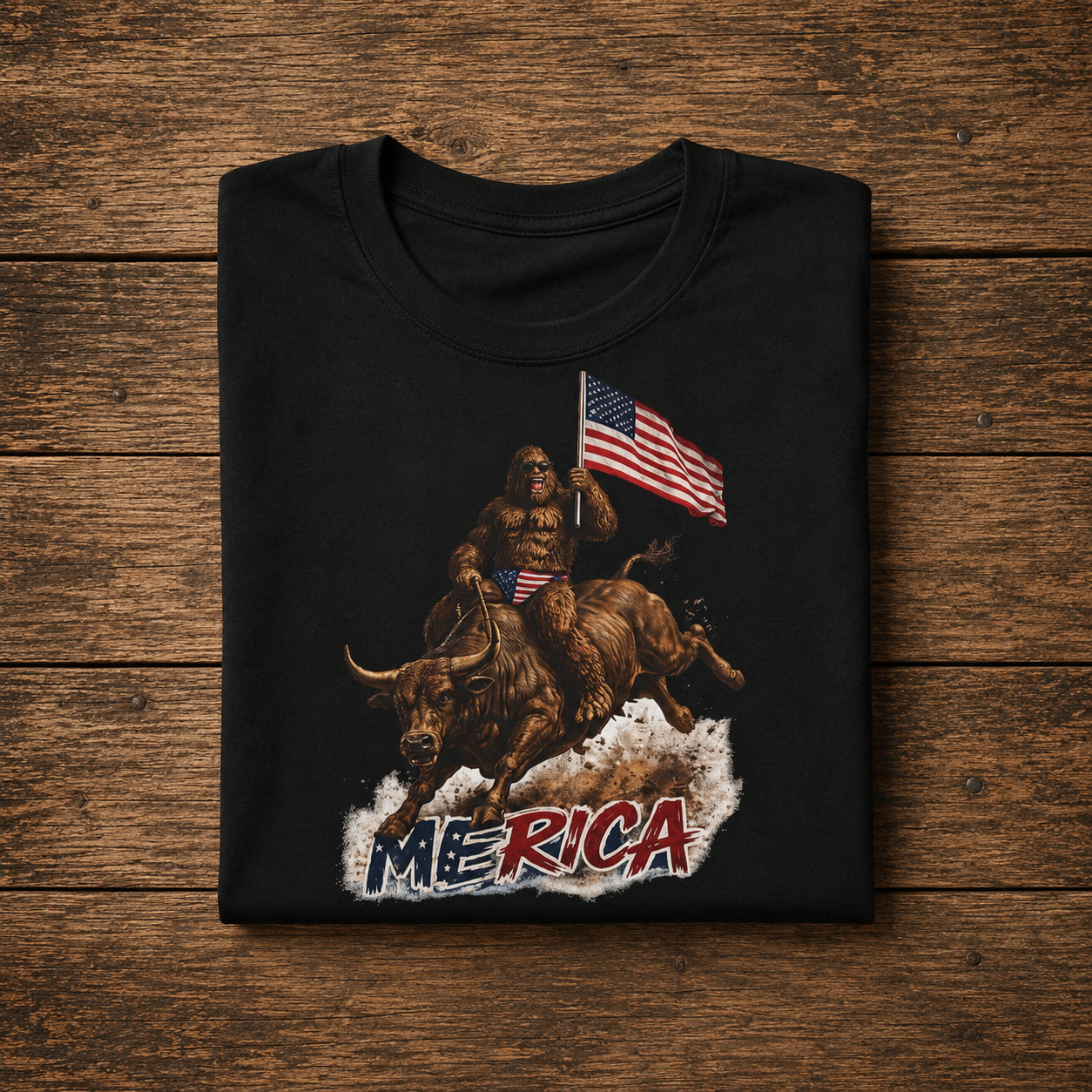 Patriotic Bigfoot Riding Bull ‘Merica Tee