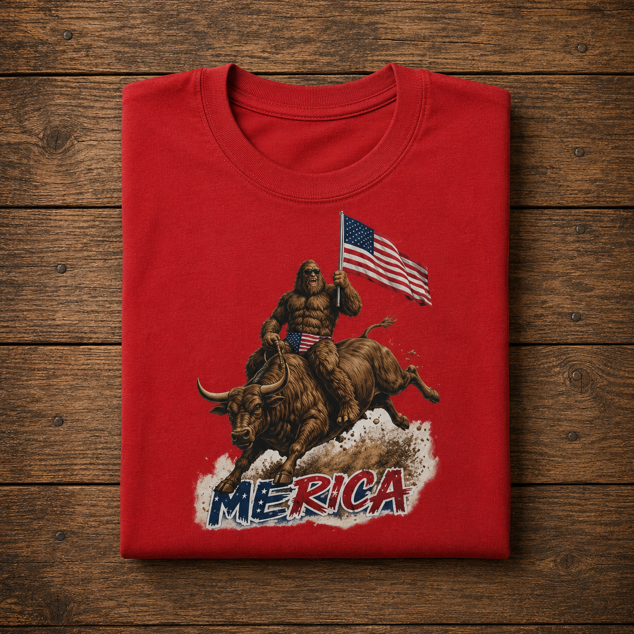 Patriotic Bigfoot Riding Bull ‘Merica Tee