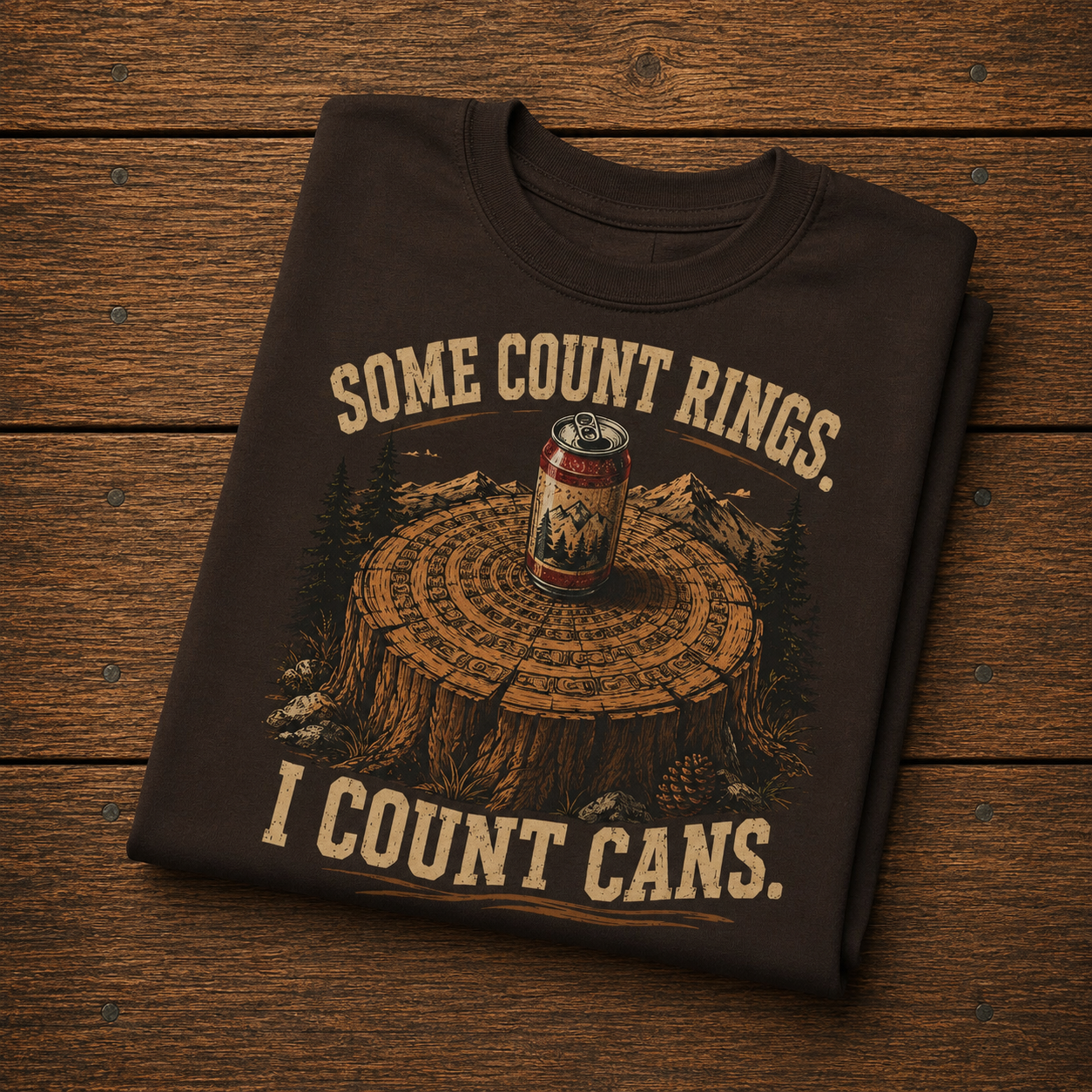 Camping Humor T-Shirt — “Some Count Rings, I Count Cans” Beer Can Tree Stump Tee