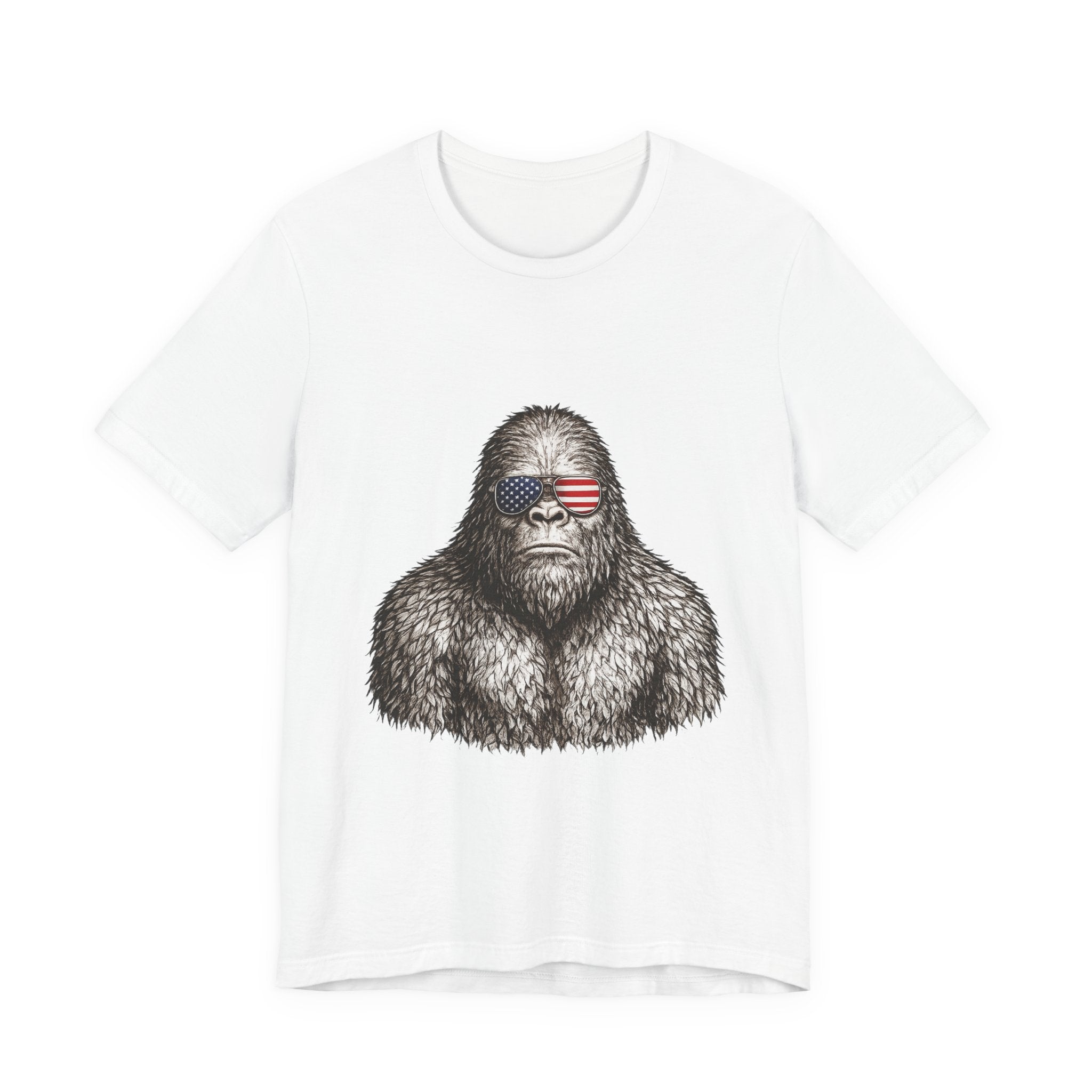 Patriotic Sasquatch Tee — Bigfoot Wearing American Flag Sunglasses