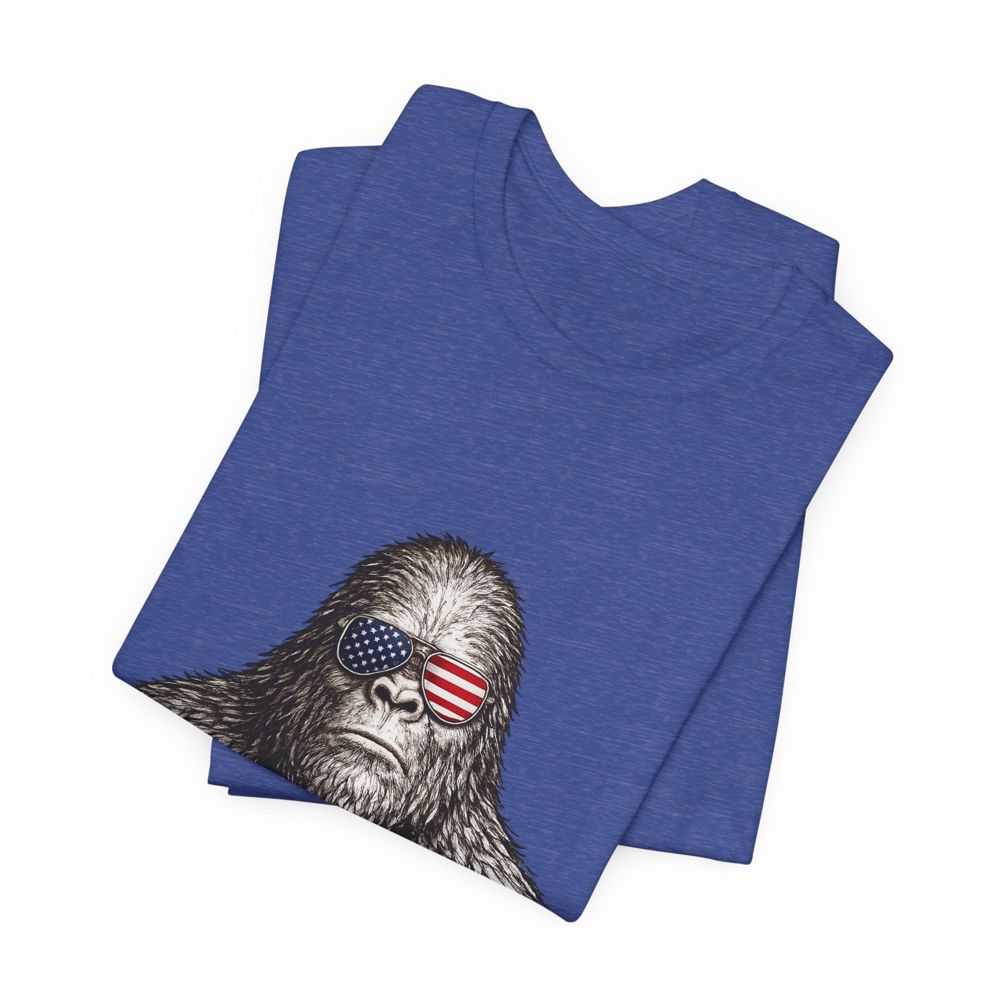 Patriotic Sasquatch Tee — Bigfoot Wearing American Flag Sunglasses
